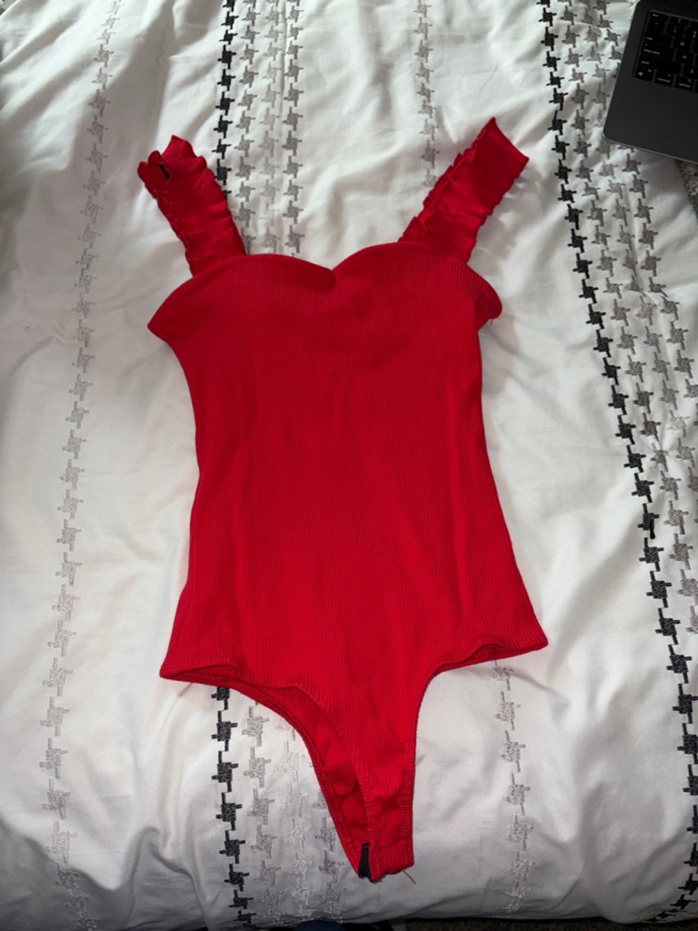 Francesca's Collections Red Ribbed Ruffle-Strap Bodysuit